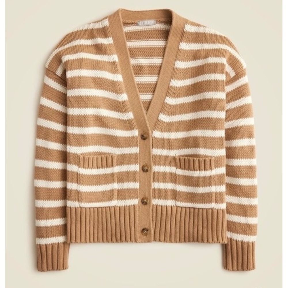 J.Crew Cardigan Sweater Striped Cotton Knit Button Front Tan White XL